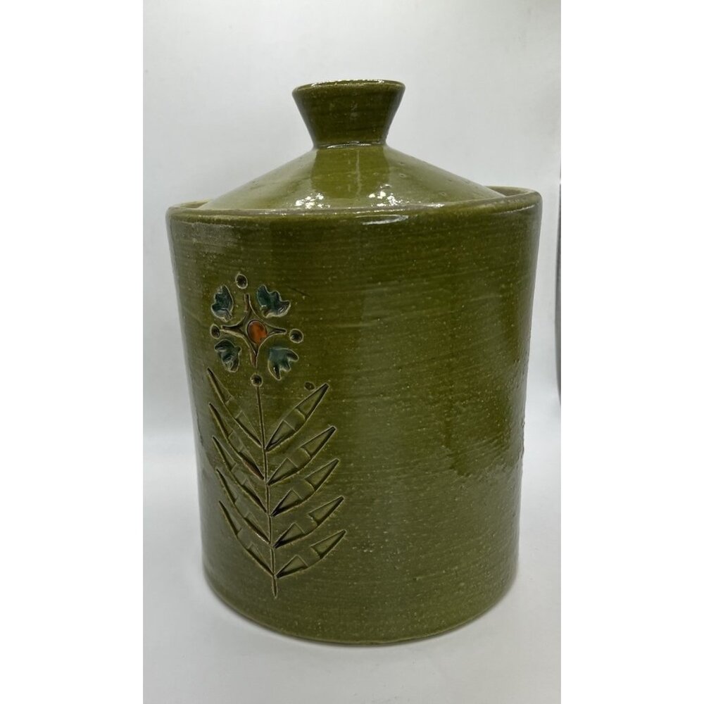 Italian Pottery Cookie Jar with Embossed Flowers by Bitossi, Green 1950s Ceramic - Picture 3 of 15